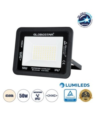 GLOBOSTAR® ATLAS 61423 Προβολέας LED 50W 6000lm 120° AC 220-240V Αδιάβροχο IP67 Φυσικό Λευκό 4500K - Lumileds SMD Chip - TÜV Rheinland Certified - Μαύρο Ματ - Μ21 x Π3.5 x Υ16cm - 5 Χρόνια Εγγύηση